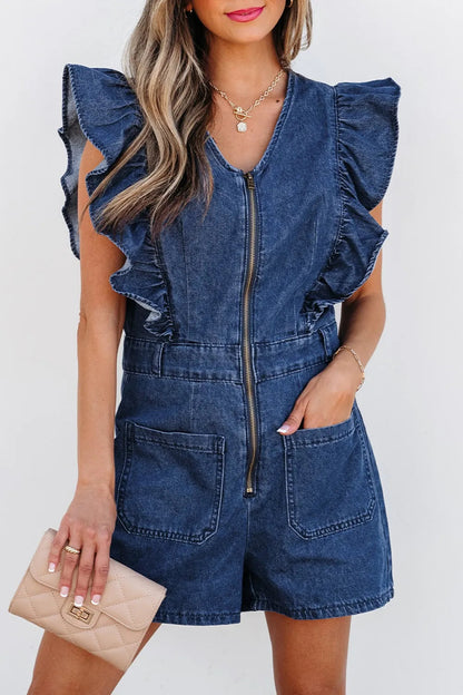 Denim Ruffled Zipped Front Belted Romper Trendsi