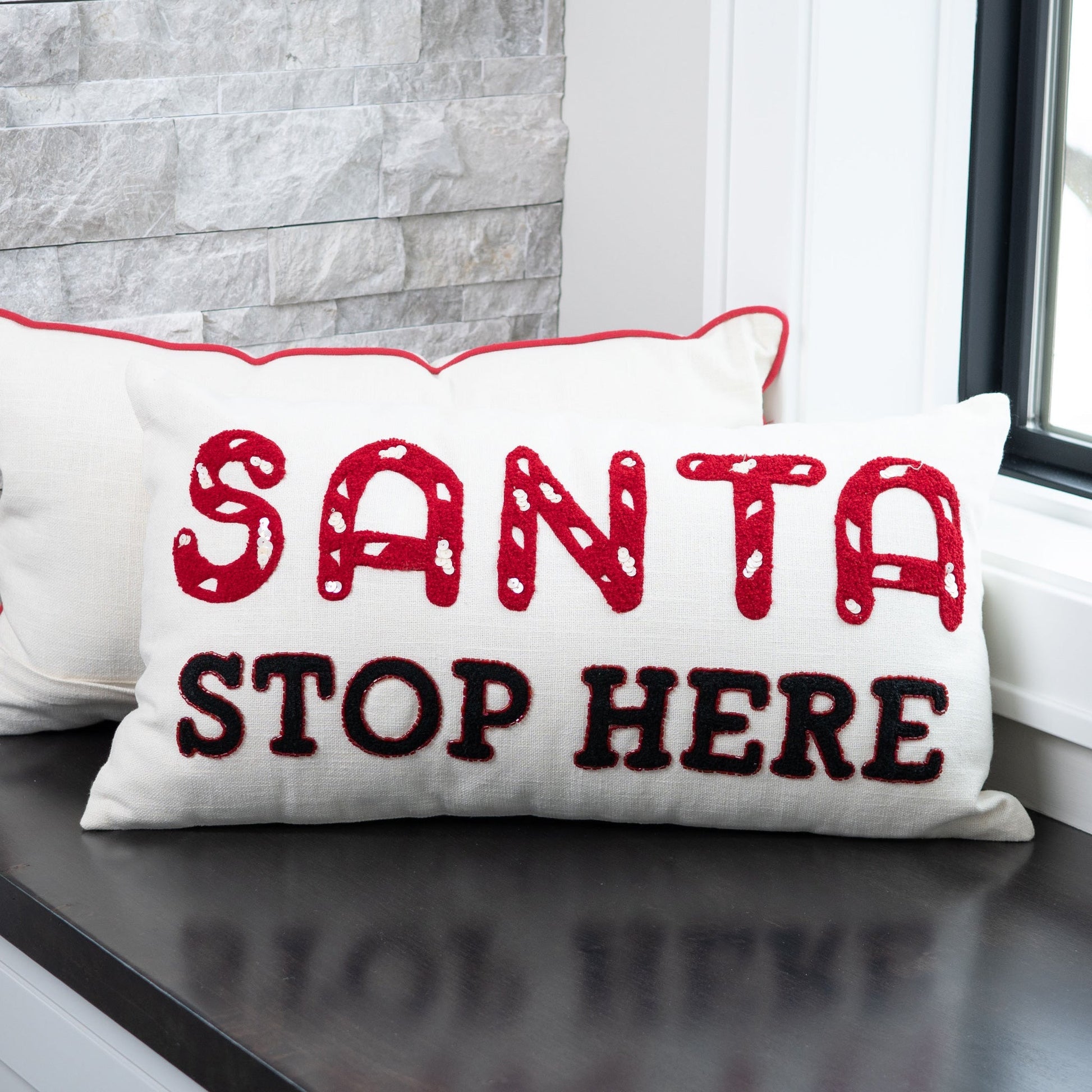 Christmas 12"x22" Santa Stop Here Embroidered Holiday Lumbar Pillow  DAME BOHEME