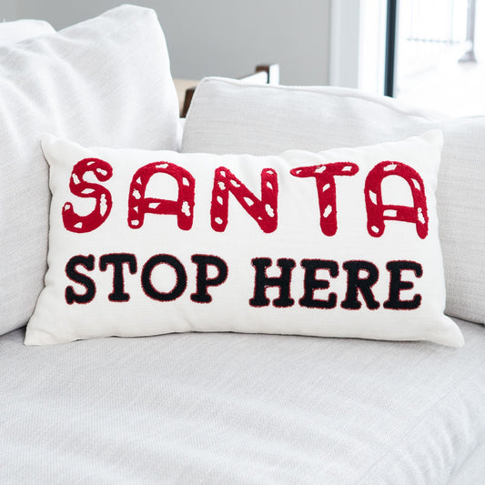 Christmas 12"x22" Santa Stop Here Embroidered Holiday Lumbar Pillow  DAME BOHEME