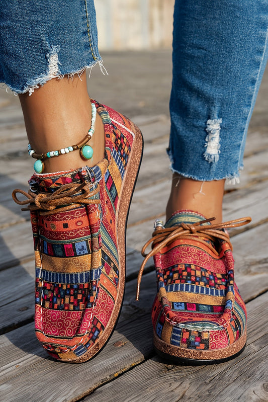 Racing Red Lightweight Boho Patchwork Lace Up Shoes  DAME BOHEME