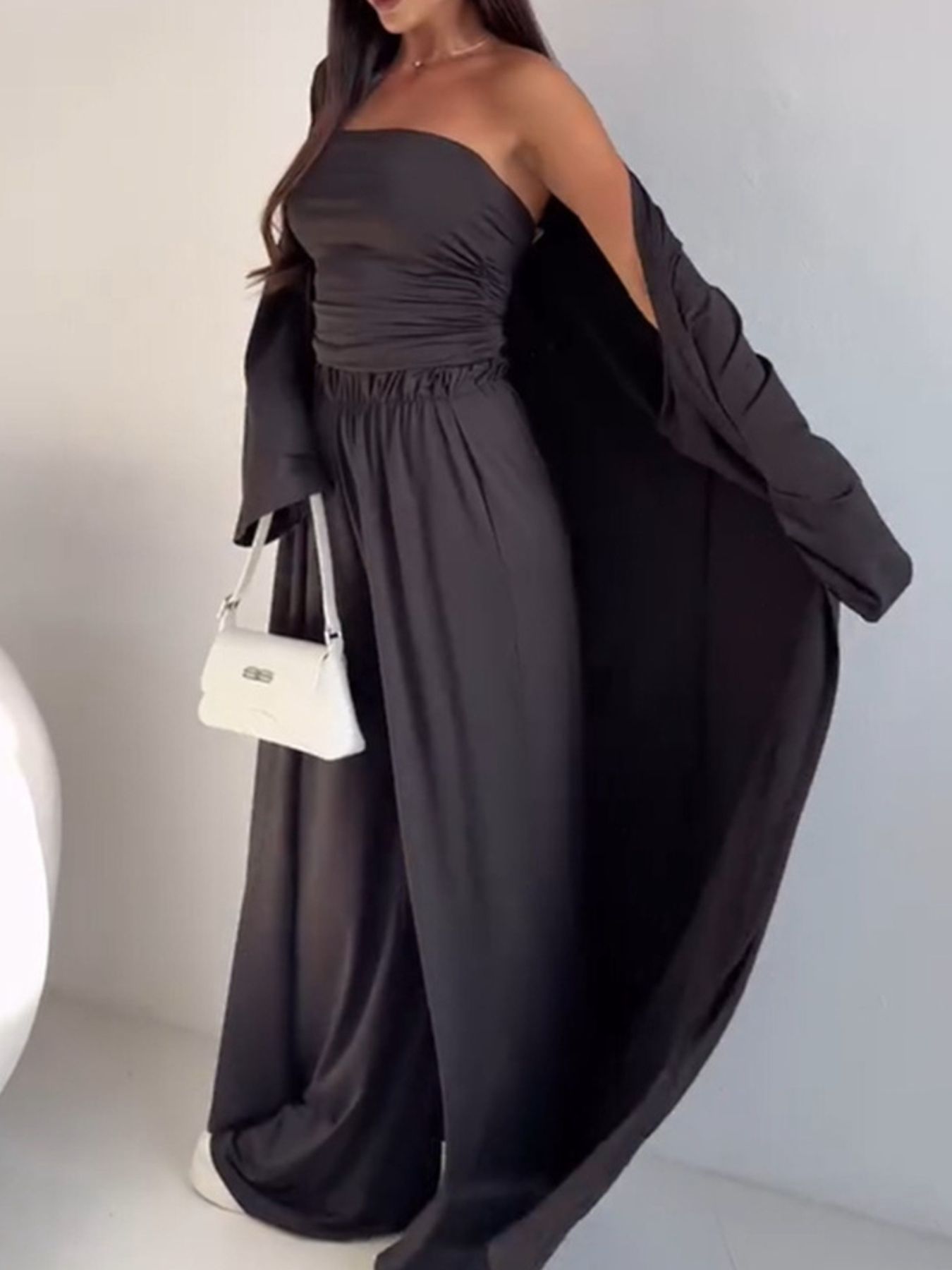 Tube Top, Long Cardigan and Flared Long Pants Three Piece Casual Set  DAME BOHEME