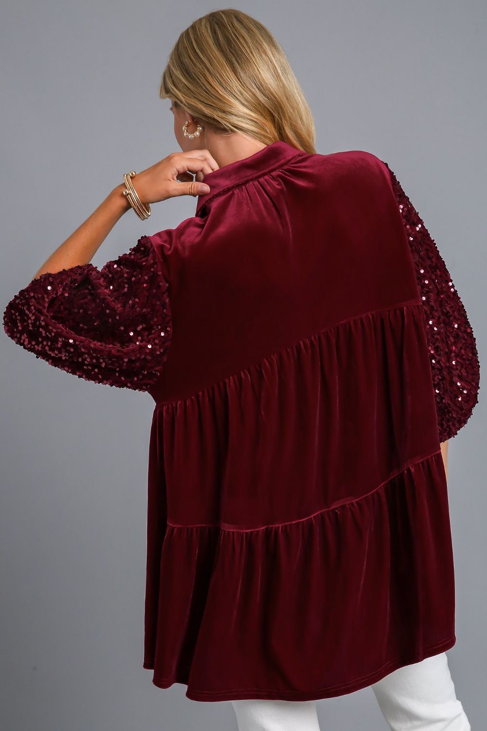 Umgee Sequin Detail Tiered Back Half Sleeve Shirt Trendsi