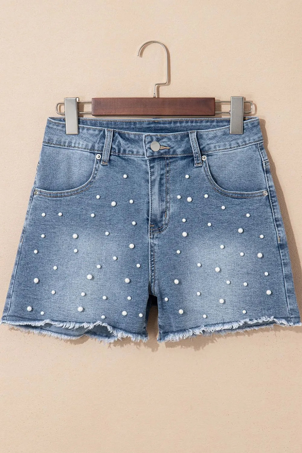 Pearl Beaded Raw Hem Wash Denim Shorts  DAME BOHEME