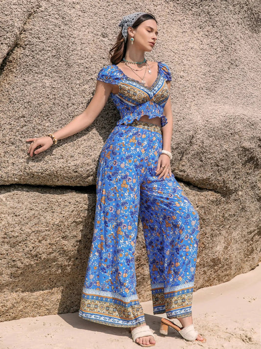 Boho Chic Printed V-Neck Top and Pants Set Trendsi