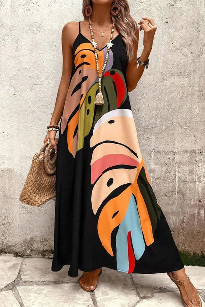 Tropical Leaf Print V-Neck Maxi Cami Dress Plus Size Trendsi