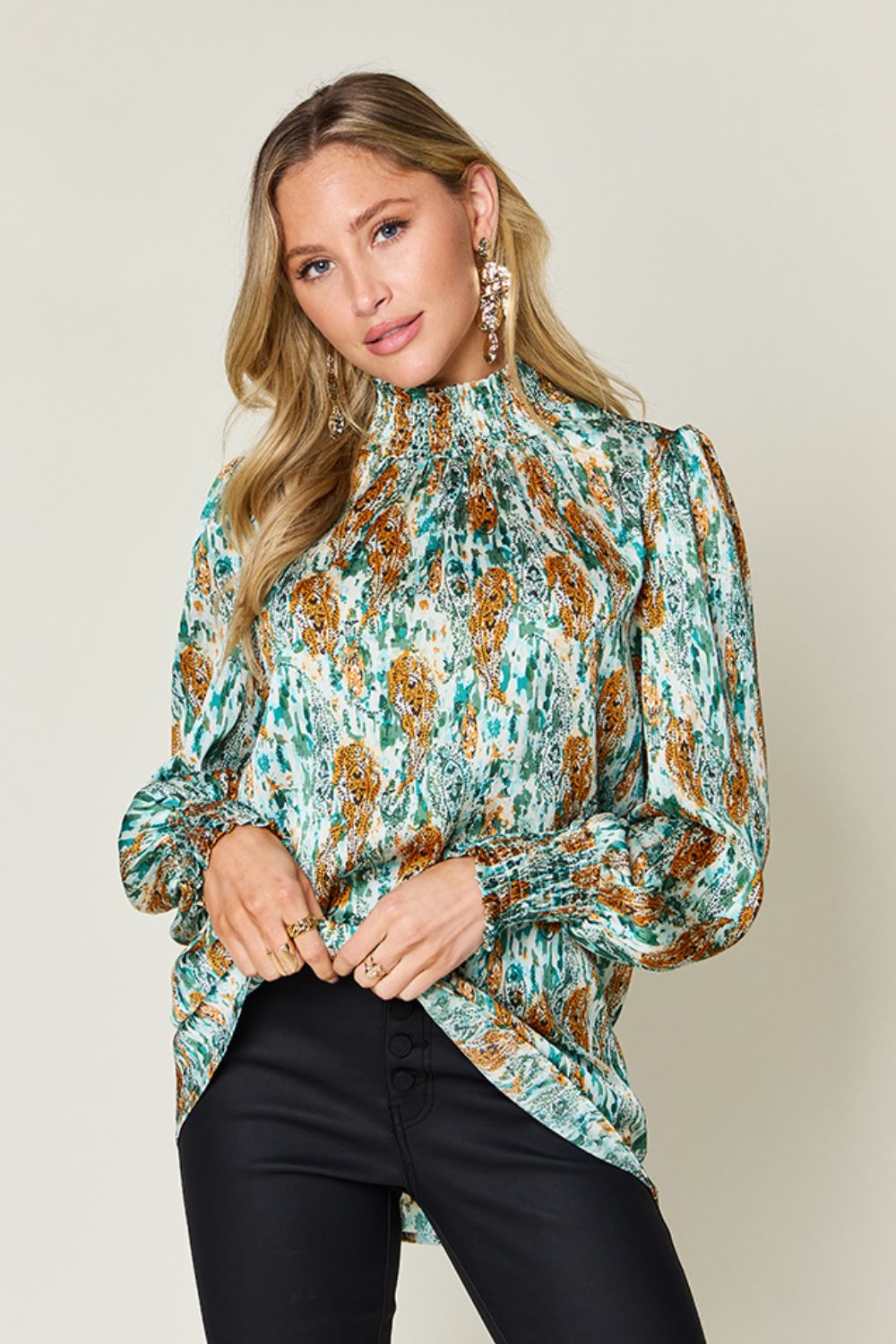 Double Take Full Size Printed Smocked Long Sleeve Blouse  DAME BOHEME