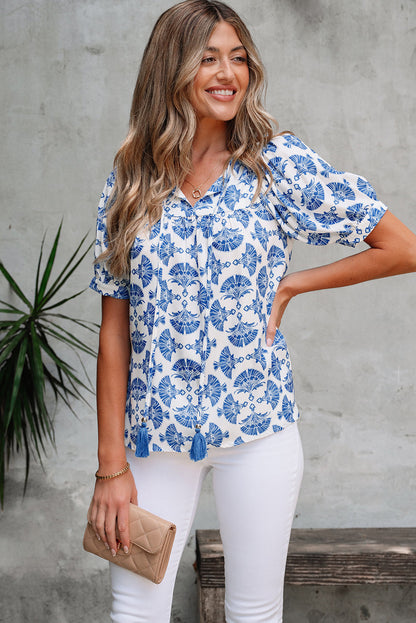 Grace Geometric Tassel Drawstring V Neck Blouse  DAME BOHEME