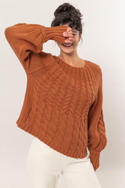 HYFVE Cable-Knit Round Neck Raglan Sleeve Sweater Trendsi
