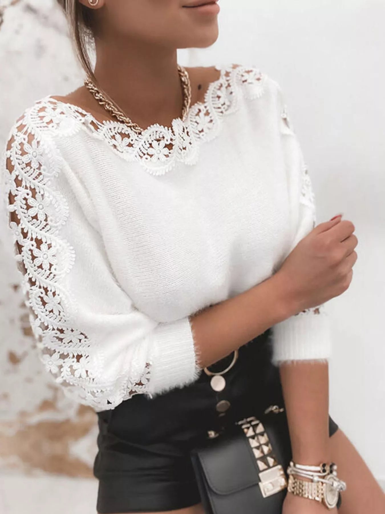 Lace Trim Long Sleeve Sweater  DAME BOHEME