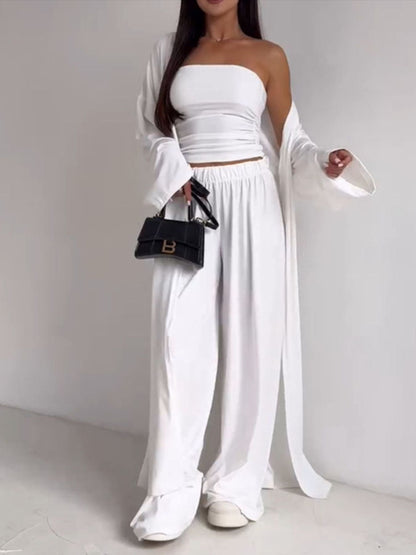 Tube Top, Long Cardigan and Flared Long Pants Three Piece Casual Set  DAME BOHEME