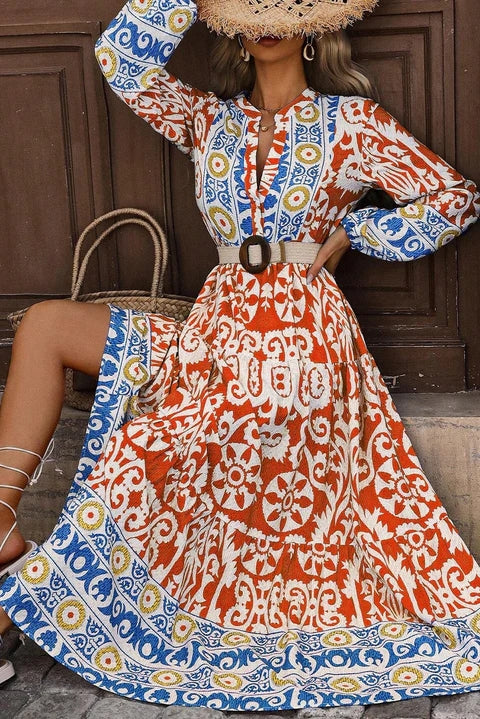 Bohemian Vintage Printed Notched Long Sleeve Maxi Dress Trendsi