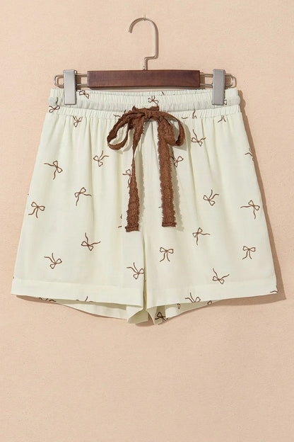 Bow Print Lace Drawstring Casual Shorts Simply Love