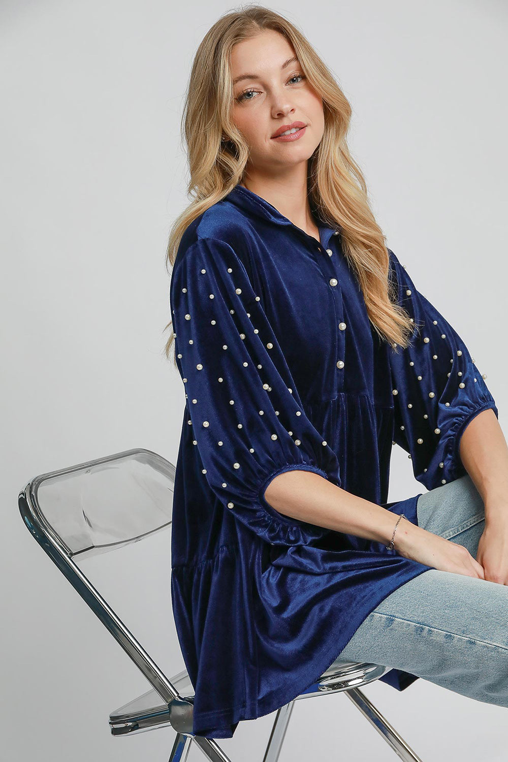 Umgee Pearl Detail Collared Neck Velvet Babydoll Blouse Trendsi