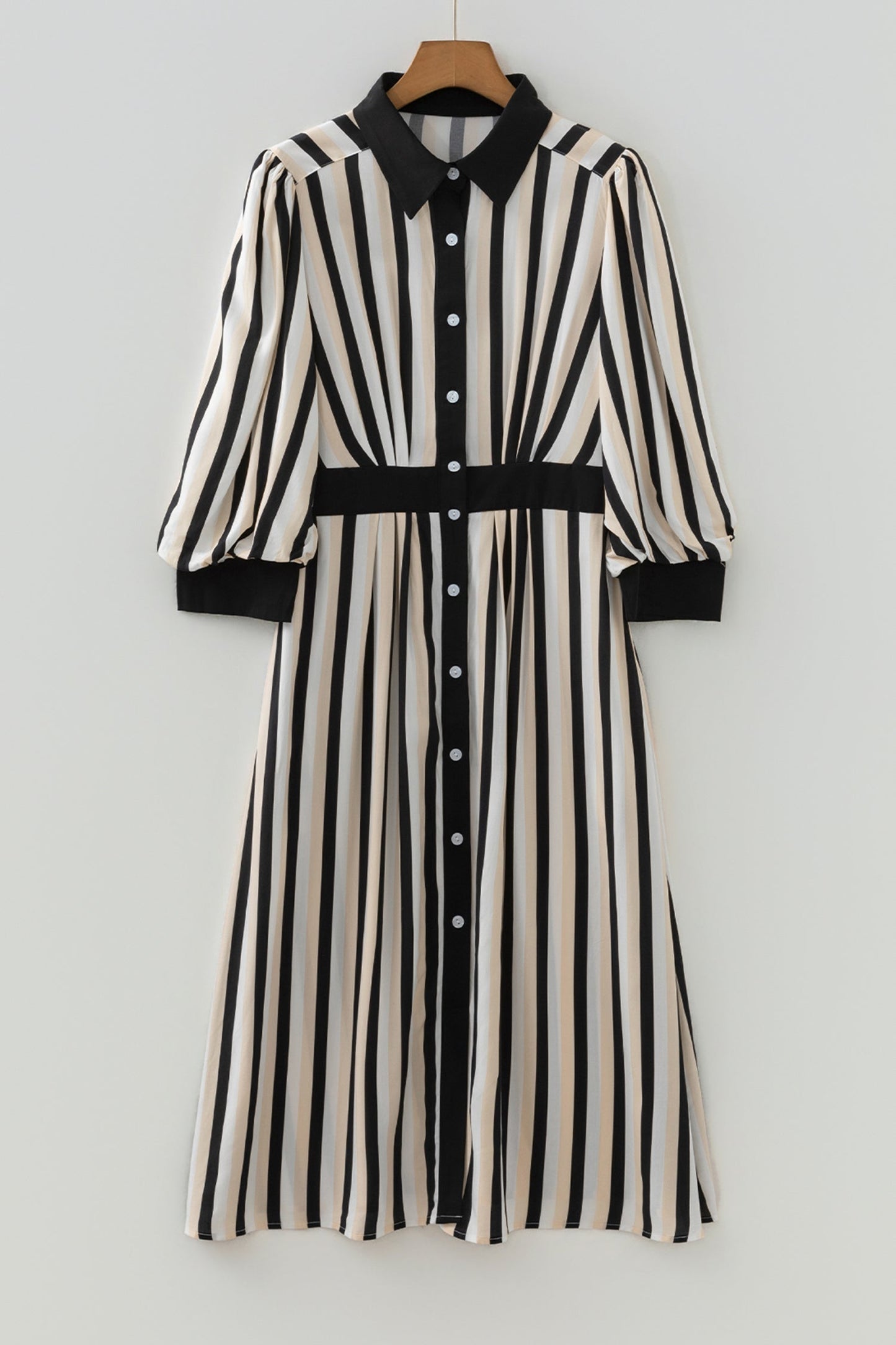 Black Stripe 3/4 Puff Sleeve Shirt Style Button Down Midi Dress  DAME BOHEME