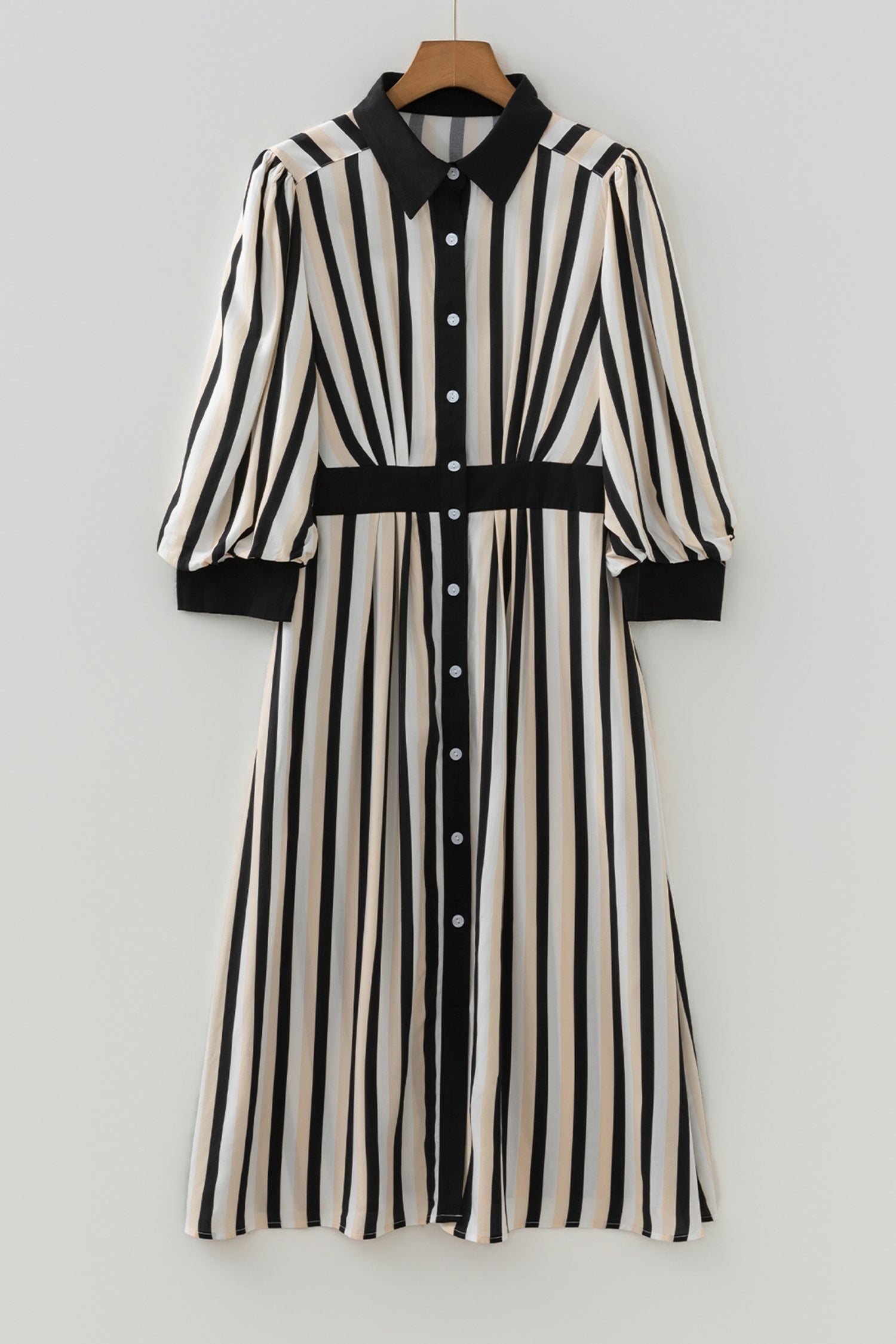 Black Stripe 3/4 Puff Sleeve Shirt Style Button Down Midi Dress  DAME BOHEME
