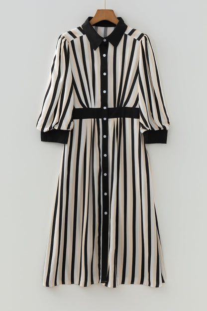 Black Stripe 3/4 Puff Sleeve Shirt Style Button Down Midi Dress  DAME BOHEME