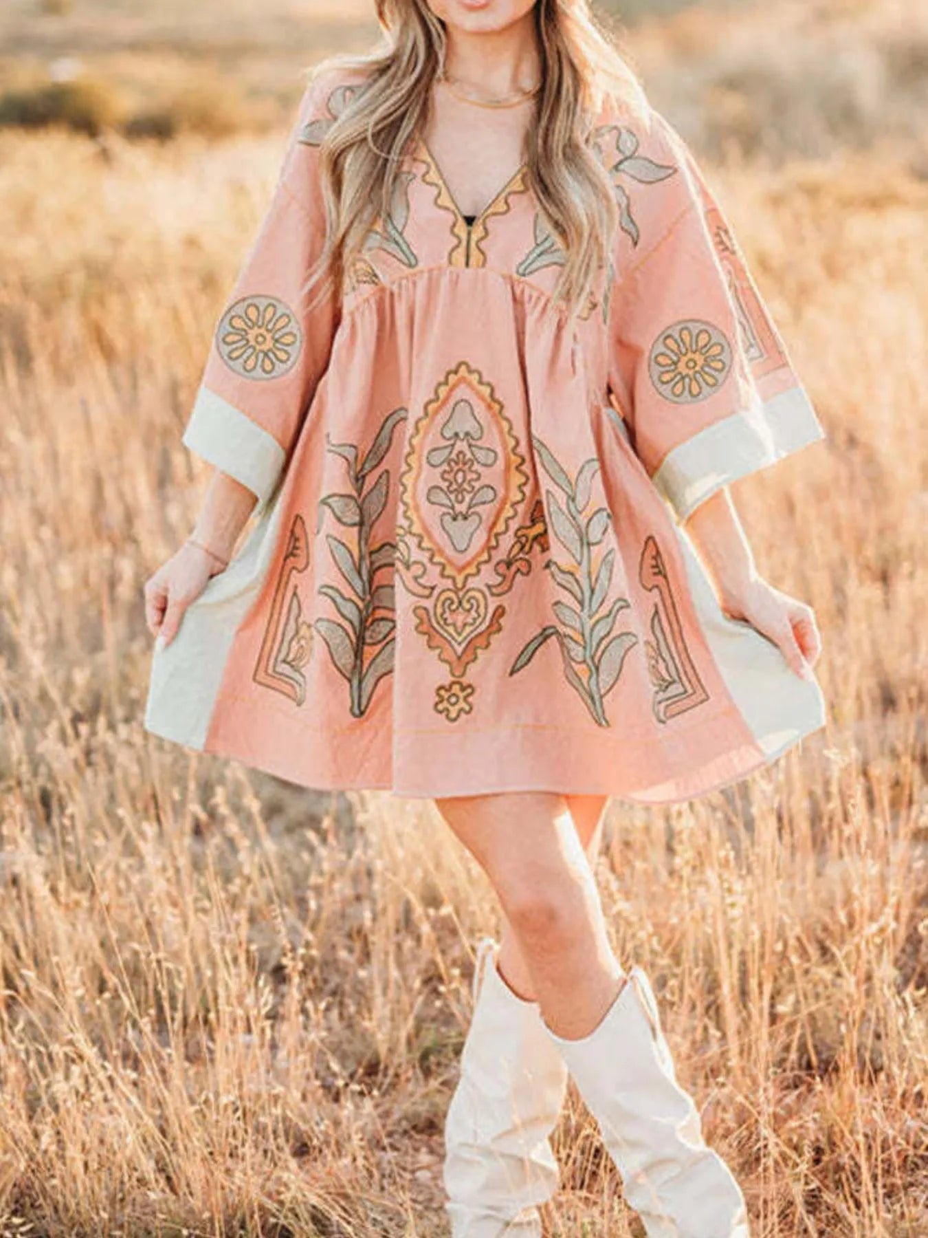 Printed V-Neck Kimono Sleeve Mini Dress Trendsi