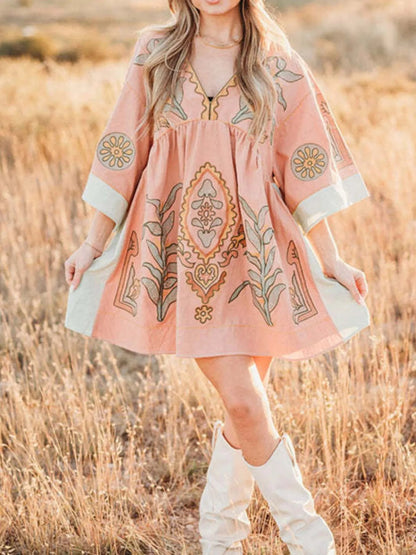 Printed V-Neck Kimono Sleeve Mini Dress Trendsi