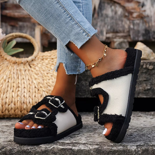 Buckle Decor Plush Lined Platform Slippers  DAME BOHEME