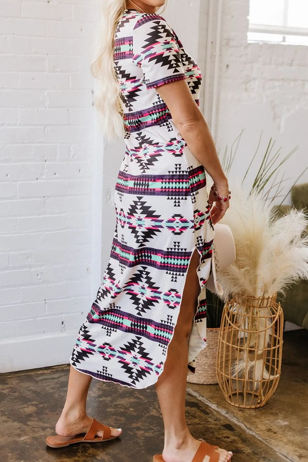 Aztec Print V-Neck Midi Dress Trendsi