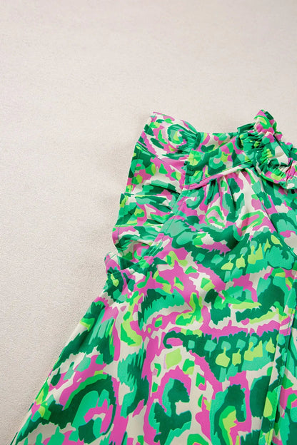 Abstract Print Ruffled Trim Tie Neck Top Simply Love