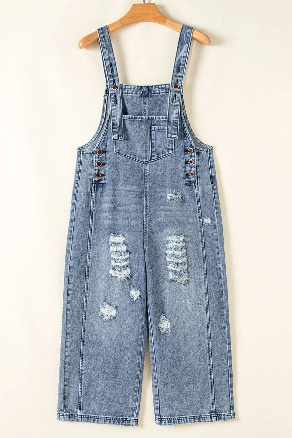 Distressed Bib Pocket Wide Leg Denim Overalls  DAME BOHEME