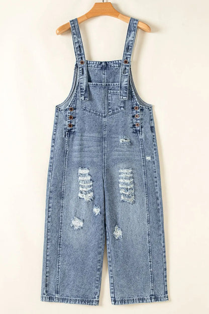 Distressed Bib Pocket Wide Leg Denim Overalls  DAME BOHEME