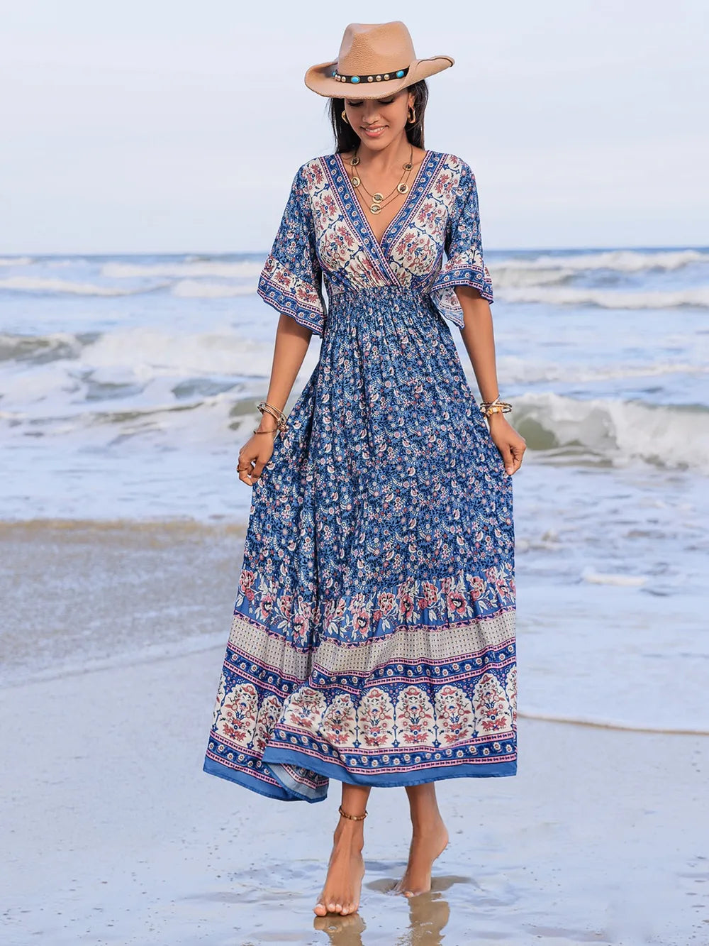 Bohemian Ruched Printed Flounce Sleeve Midi Dress Trendsi