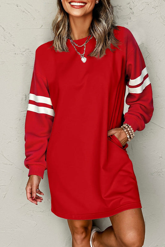 Fiery Red Varsity Contrast Banded Sleeve Shift Sweatshirt Dress  DAME BOHEME