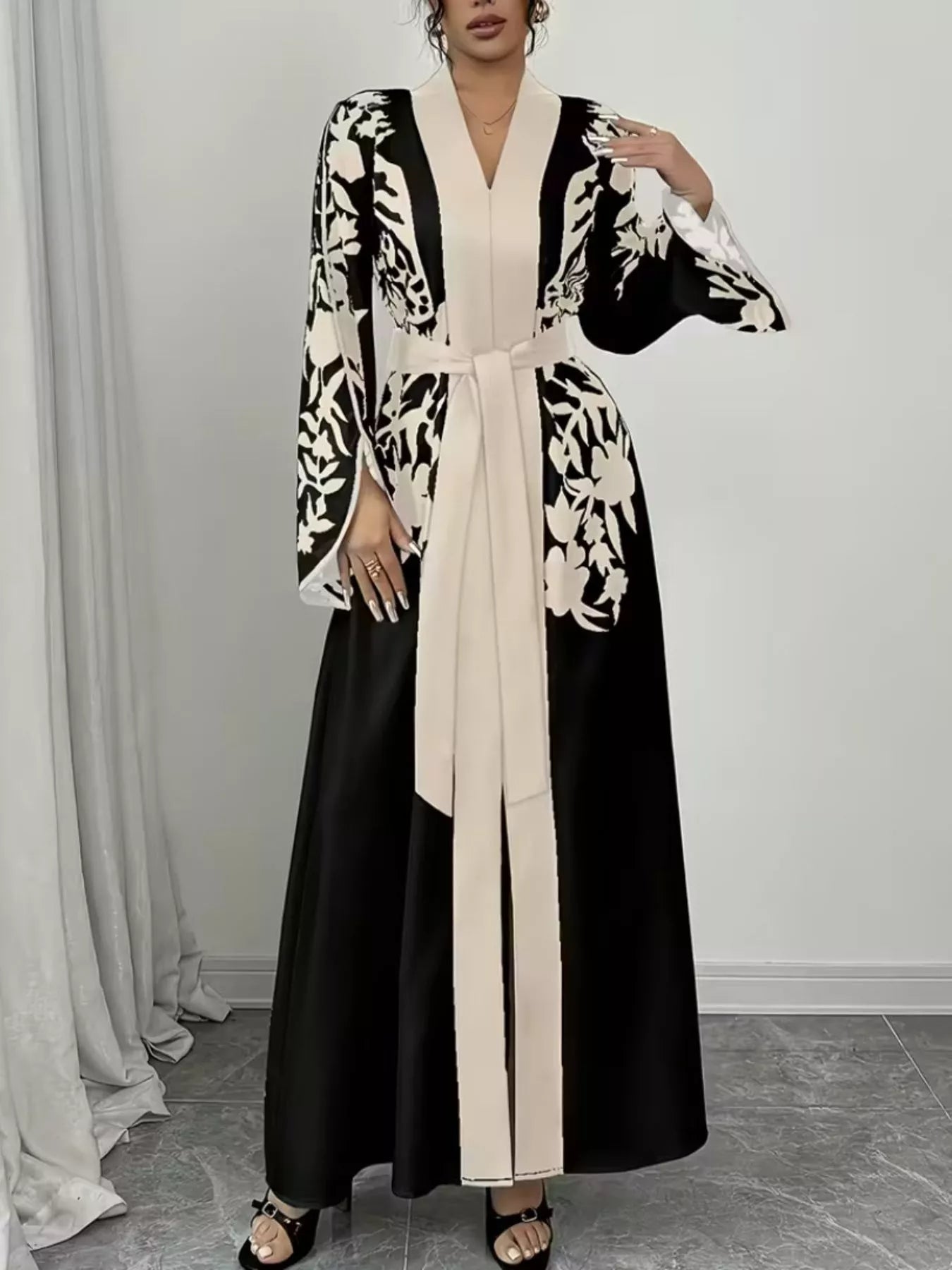 Printed Tie Waist Elegant Maxi Dress