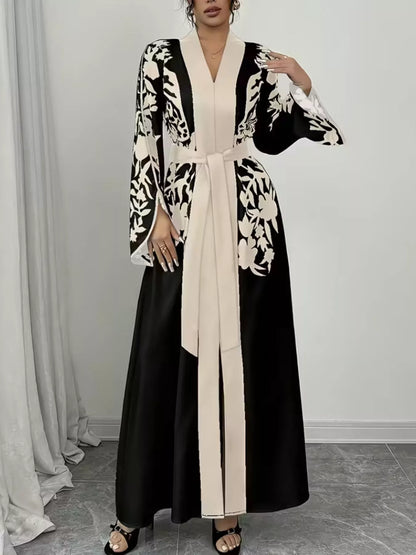 Printed Tie Waist Elegant Maxi Dress