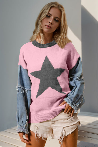 Double Take Full Size Star Pattern Raw Edge Long Sleeve Sweater  DAME BOHEME