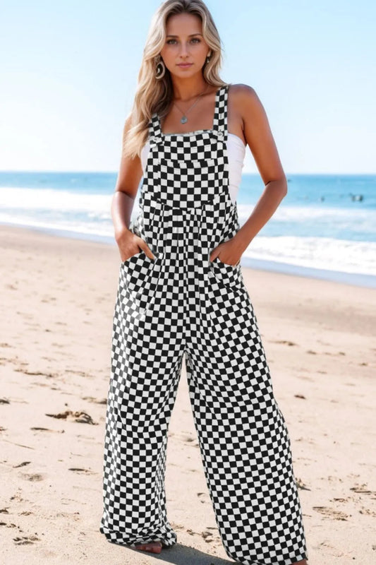 Checkered Print Pocketed Wide Leg Jumpsuit  DAME BOHEME