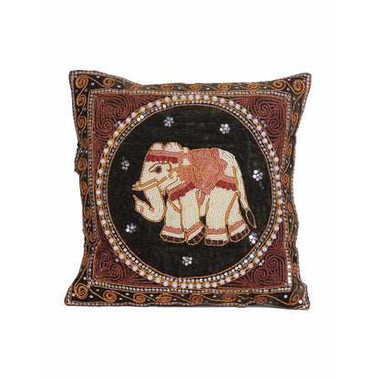 Elephant Tapestry Beaded Embroidered Cushion- Thailand  DAME BOHEME