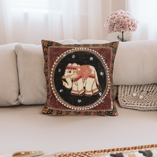 Elephant Tapestry Beaded Embroidered Cushion- Thailand  DAME BOHEME