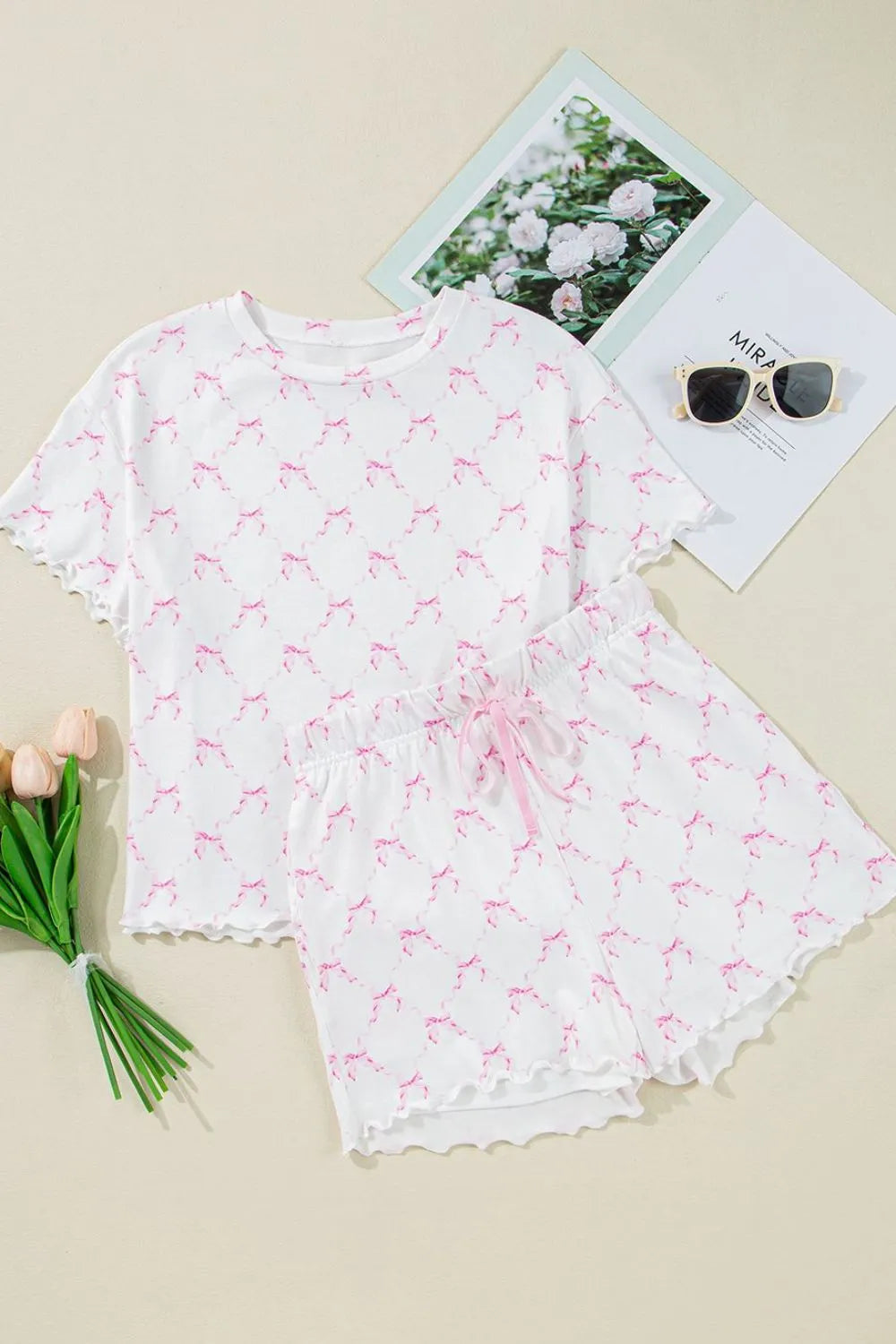 Bow Print Lettuce Trim Round Neck Top and Shorts Lounge Set  DAME BOHEME