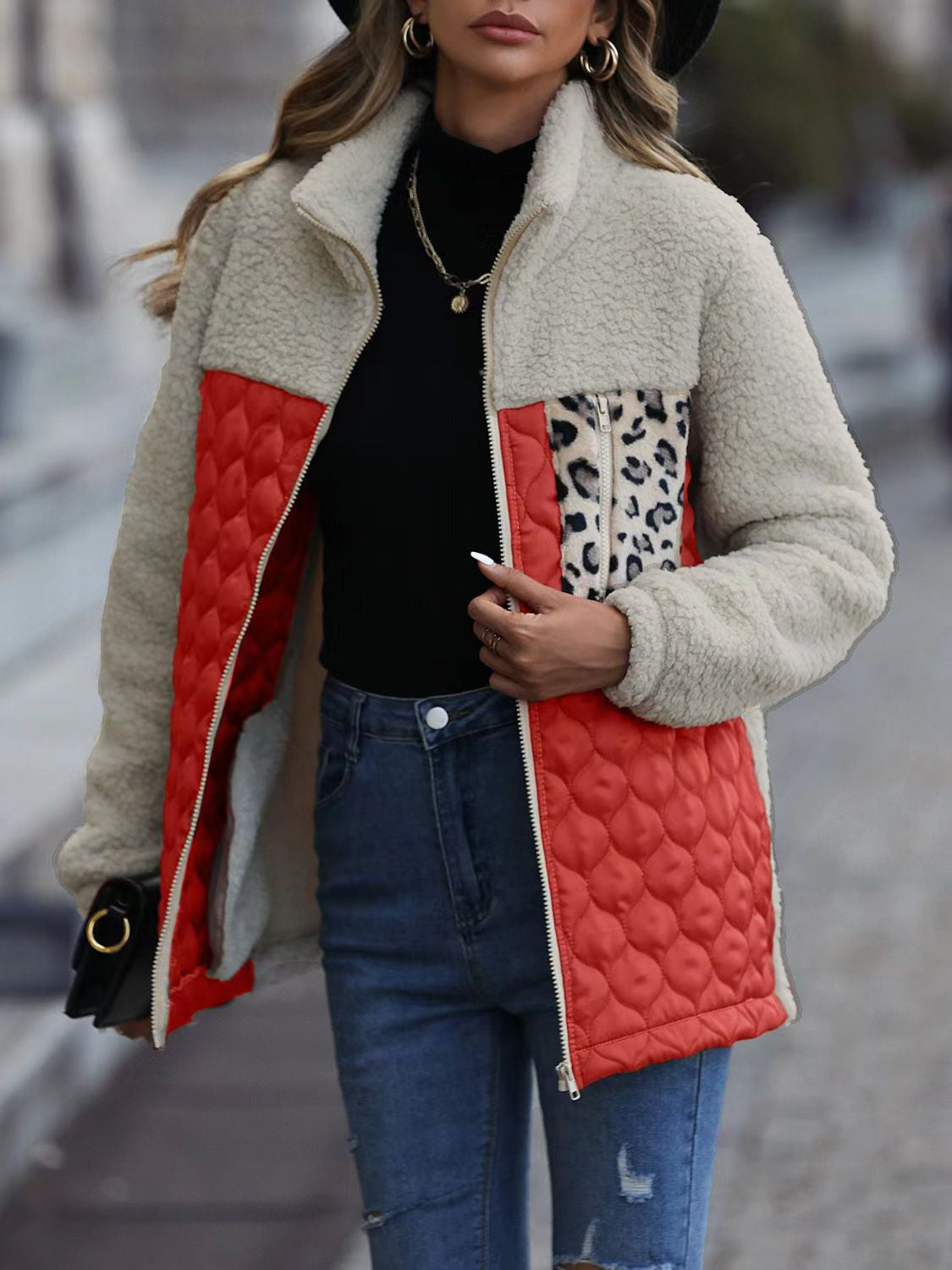 Color Block Zip-Up Quilted Sherpa Jacket