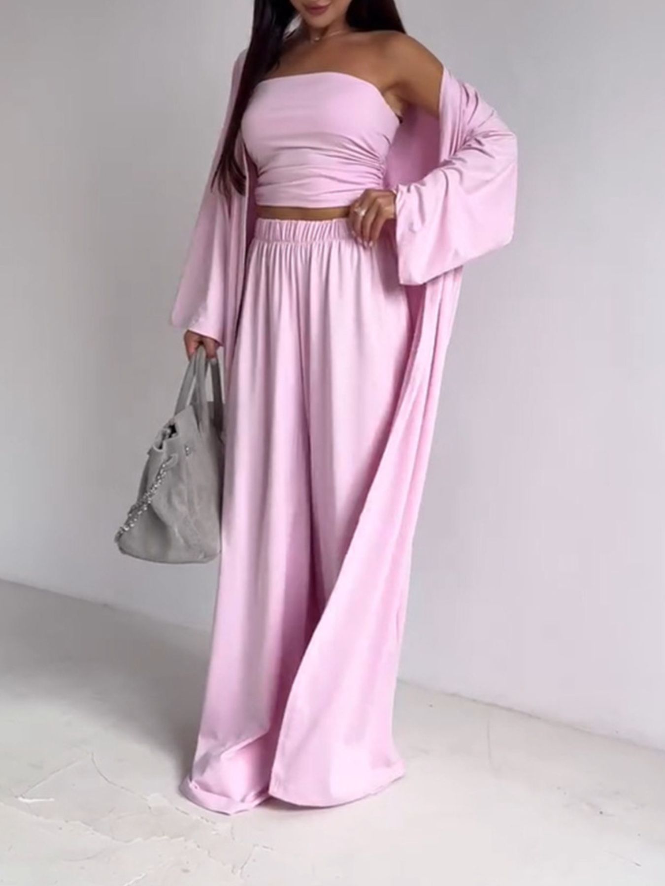 Tube Top, Long Cardigan and Flared Long Pants Three Piece Casual Set  DAME BOHEME