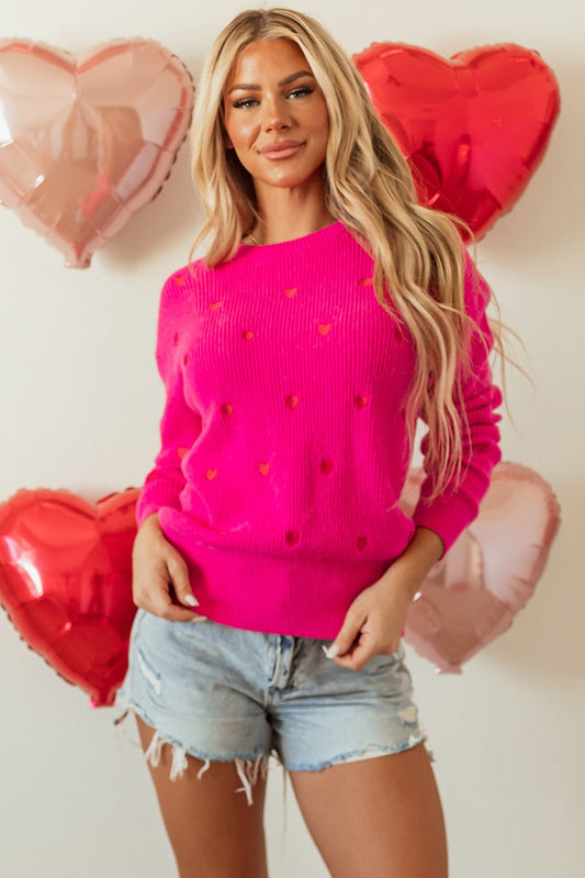 Red Hearts Pink Sweater Casual Knit Streetwear YNIQUE