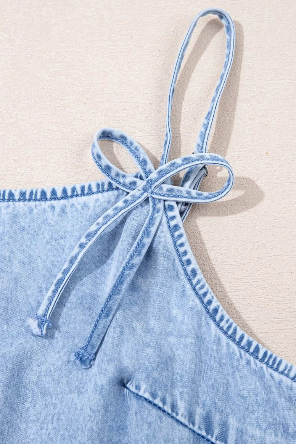 Bow Detail Spaghetti Straps Ruffle Hem Denim Dress Simply Love