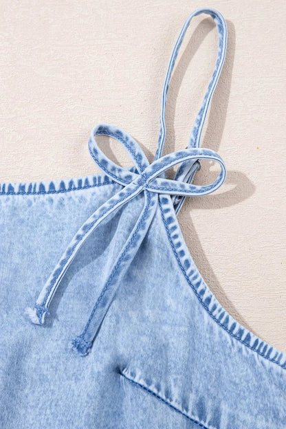 Bow Detail Spaghetti Straps Ruffle Hem Denim Dress Simply Love