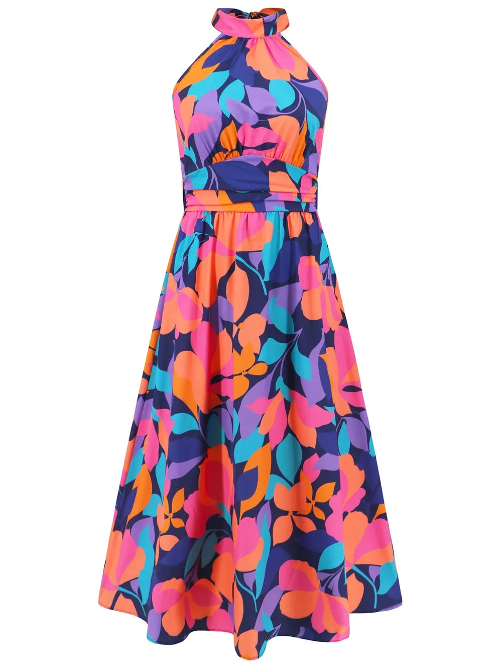 Ruched Printed Halter Neck Midi Dress Trendsi