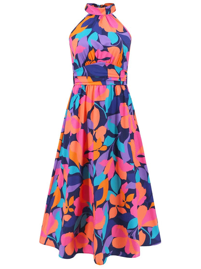 Ruched Printed Halter Neck Midi Dress Trendsi