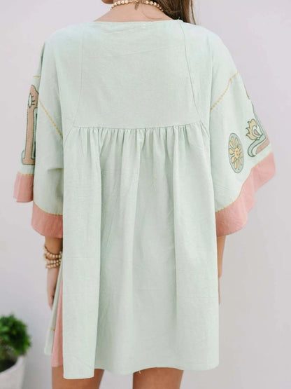 Printed V-Neck Kimono Sleeve Mini Dress Trendsi