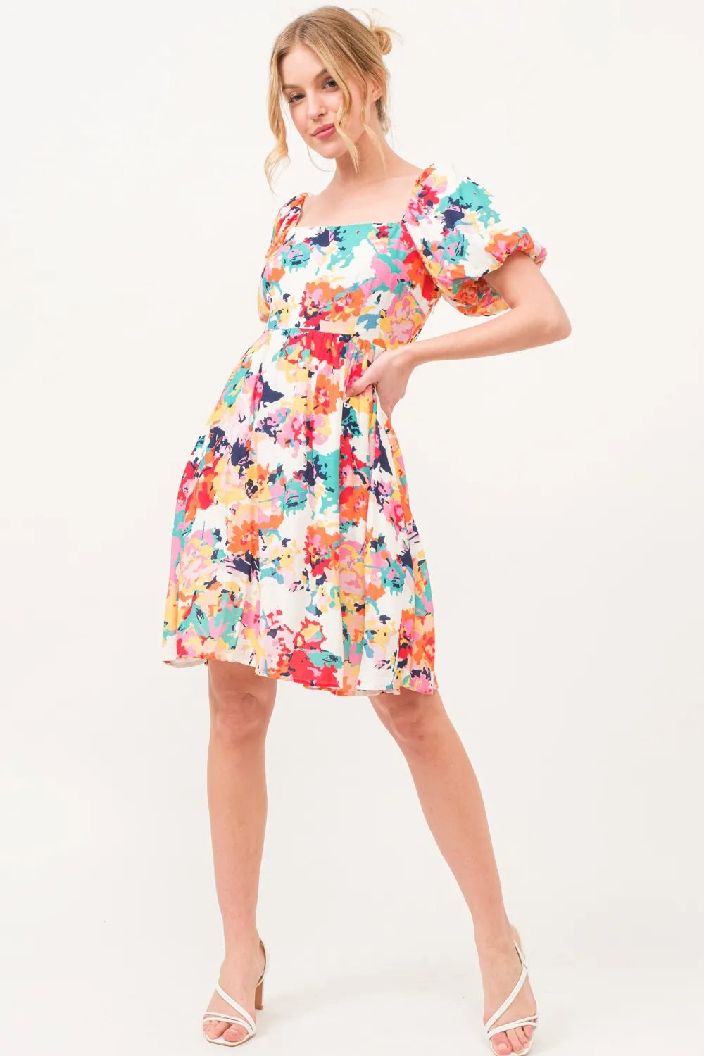 And The Why Square Neck Puff Sleeve Floral Dress  DAME BOHEME