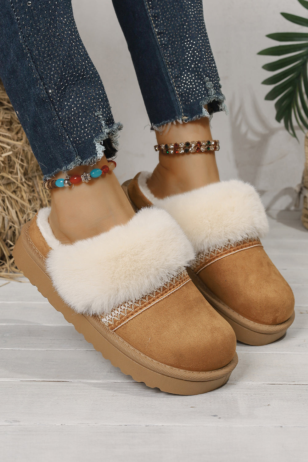 Camel Suede Fuzzy Winter Warm Platform Slippers  DAME BOHEME