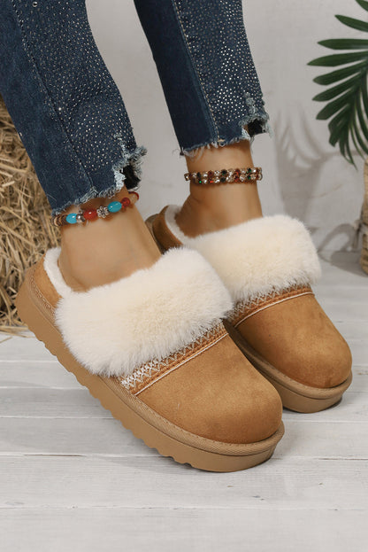 Camel Suede Fuzzy Winter Warm Platform Slippers  DAME BOHEME