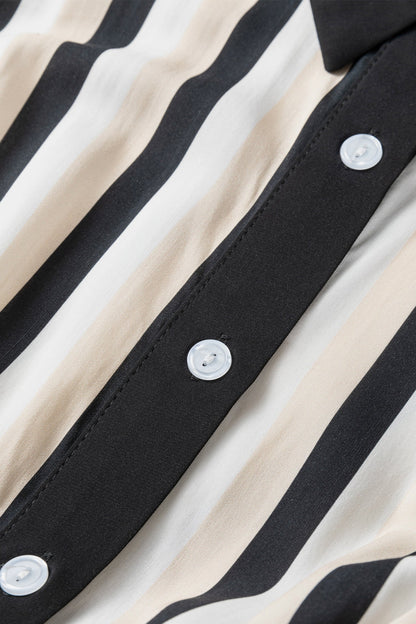 Black Stripe 3/4 Puff Sleeve Shirt Style Button Down Midi Dress  DAME BOHEME
