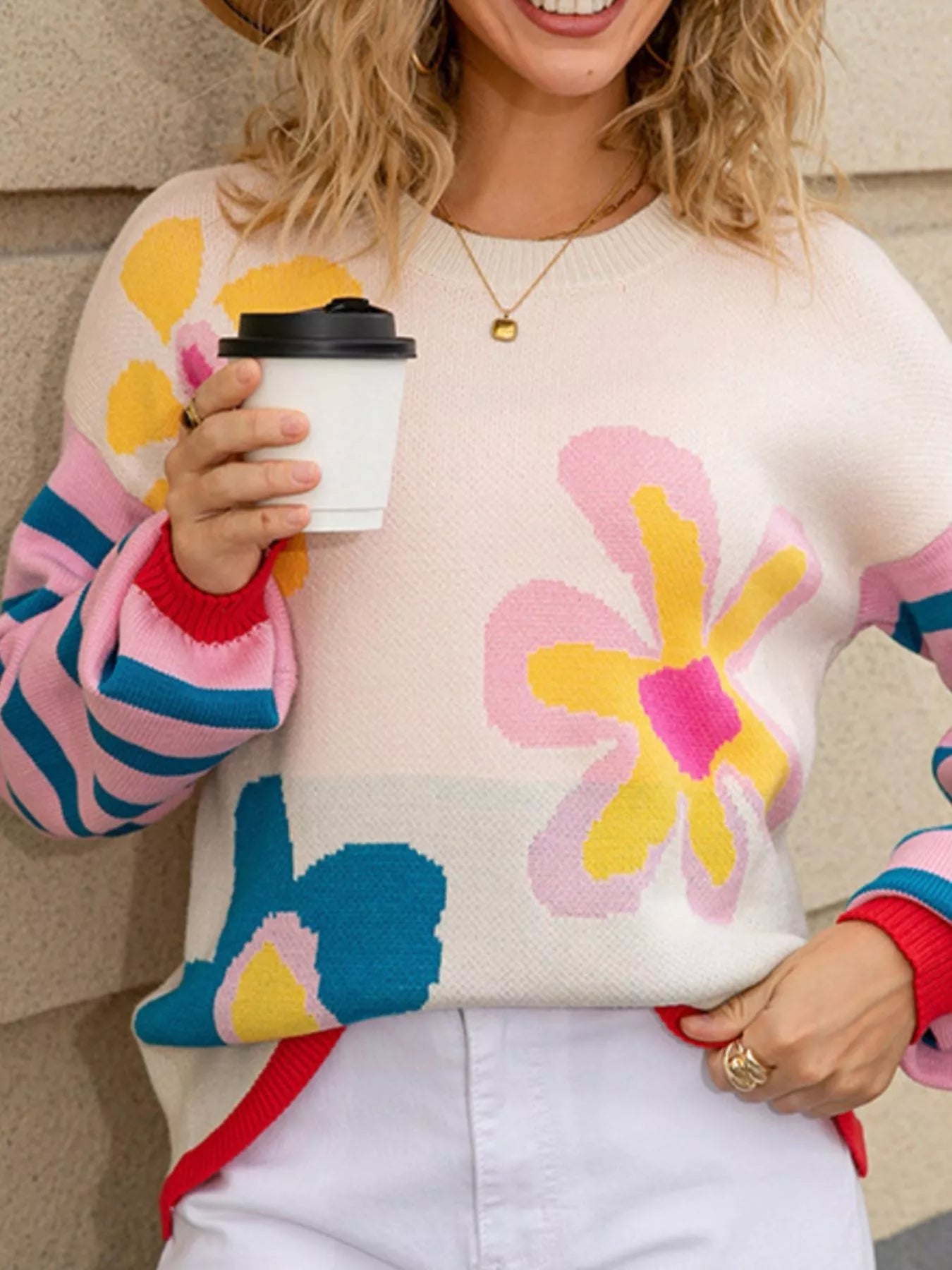 Retro Floral Striped Sleeves Crew Neck Sweater  DAME BOHEME