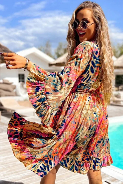 Printed Flare Sleeve Ruffled Hem Dress Trendsi